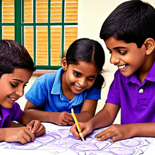 Home 4 **Image Prompt:** A group of diverse children, including "Jaamni Rang" (Purple Color), happily working together on a school project. Some are drawing, some are building with blocks, and one is helping another who is struggling. This represents friendship, teamwork, and overcoming challenges in school.