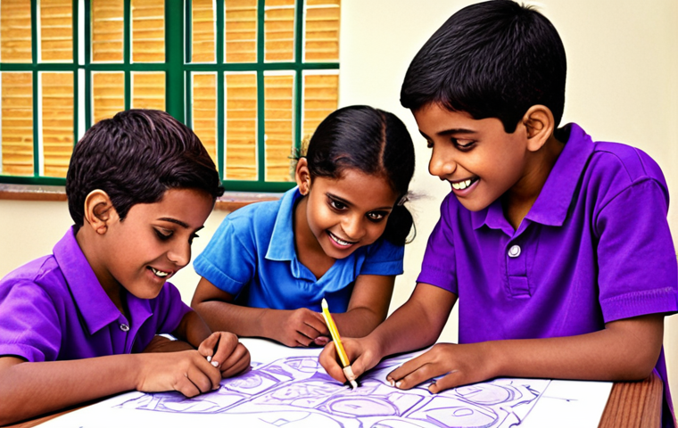 **Image Prompt:** A group of diverse children, including "Jaamni Rang" (Purple Color), happily working together on a school project. Some are drawing, some are building with blocks, and one is helping another who is struggling. This represents friendship, teamwork, and overcoming challenges in school.